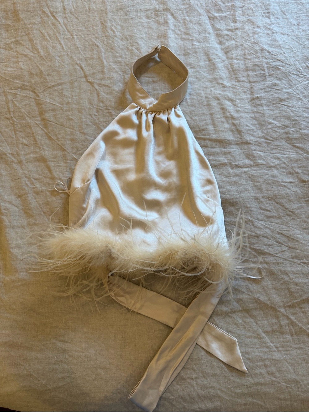 Lena Cream Satin Halter Top with Feather Trim